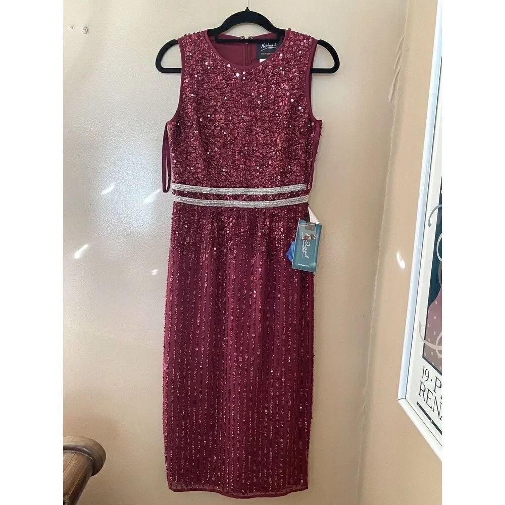 Mac Duggal Red Sequin Beaded Midi Sheath Cocktail Dress Gown Sz 6 $398 NWT 10509